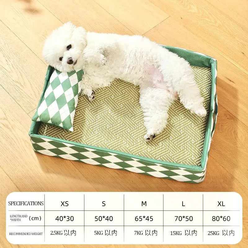 Blue woven rattan cat litter mat and bed showing texture and size scale