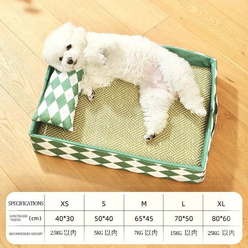 Blue woven rattan cat litter mat and bed showing texture and size scale
