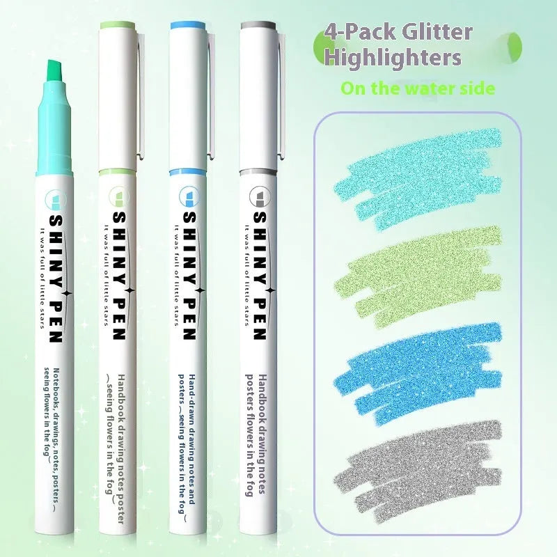 Set of four Sparkling Star River glitter highlighter pens in assorted pastel colours with slanted tips.