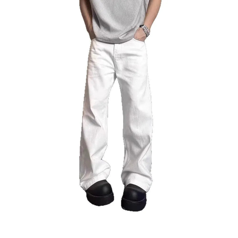 Men's white straight-leg denim jeans with loose wide-leg cut and mid-waist design