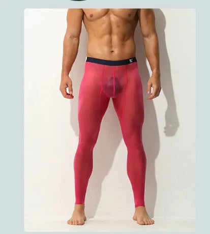Men's ultra-thin ice silk leggings in solid colour with stretch fit, warm base layer in light grey