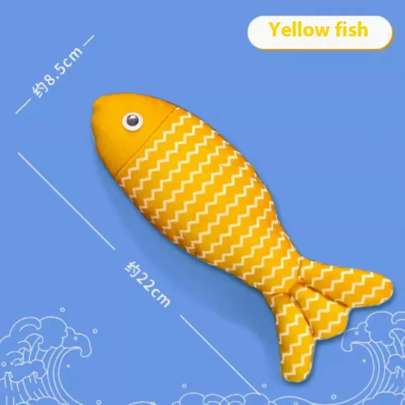 Catnip stuffed fish toy for cats in blue, red and yellow colour options showing large and medium size comparison