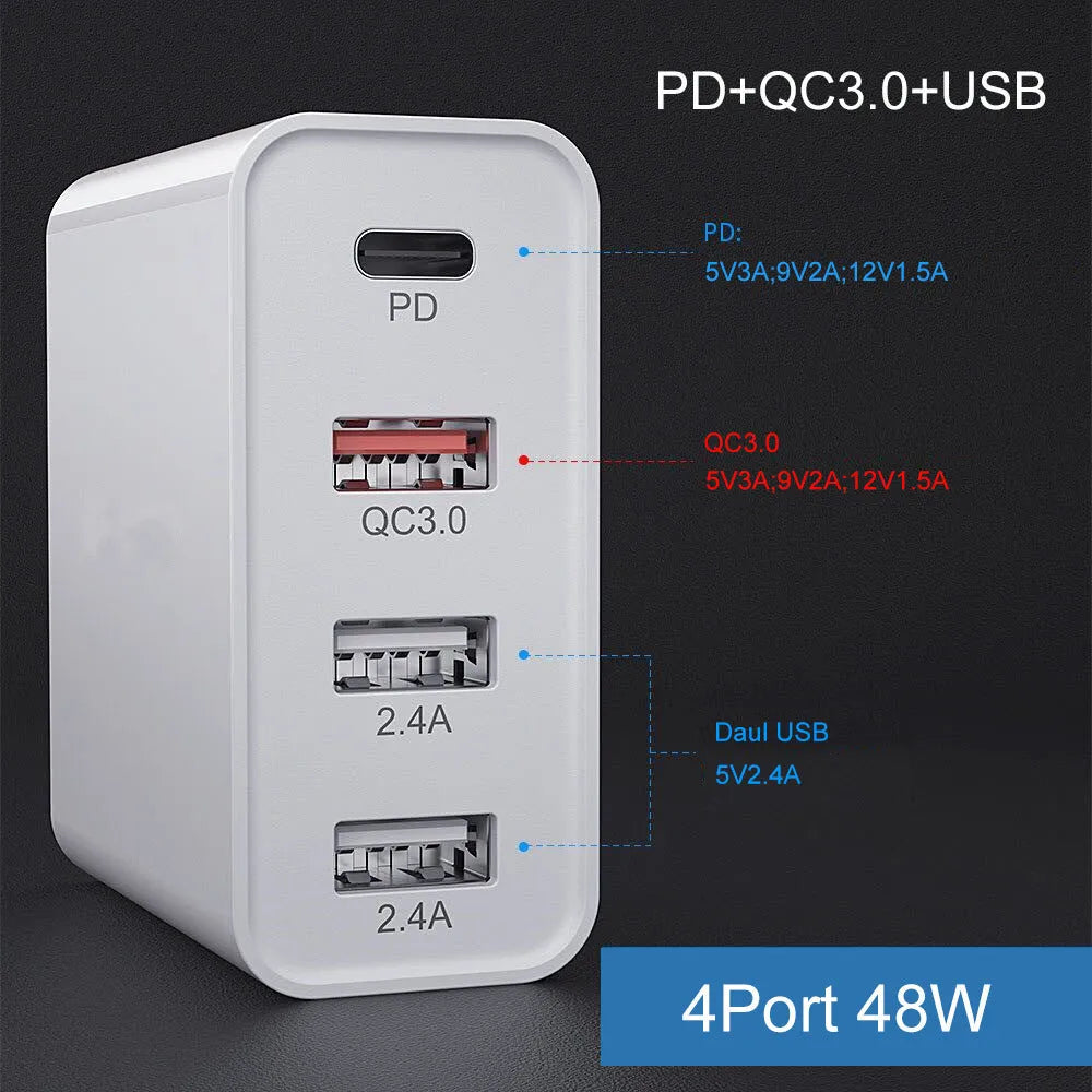 White multi-port fast charger with PD and QC support showing multiple USB ports.