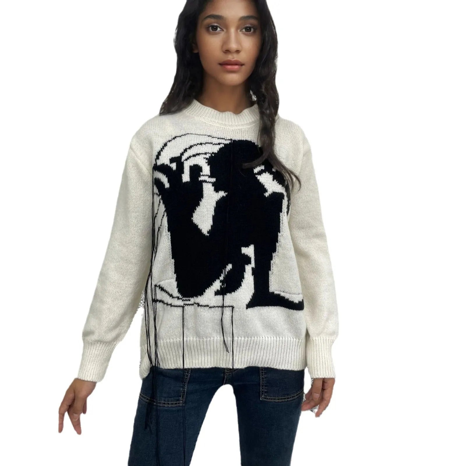 Women's grey alpaca wool sweater with abstract tassel design and round neck