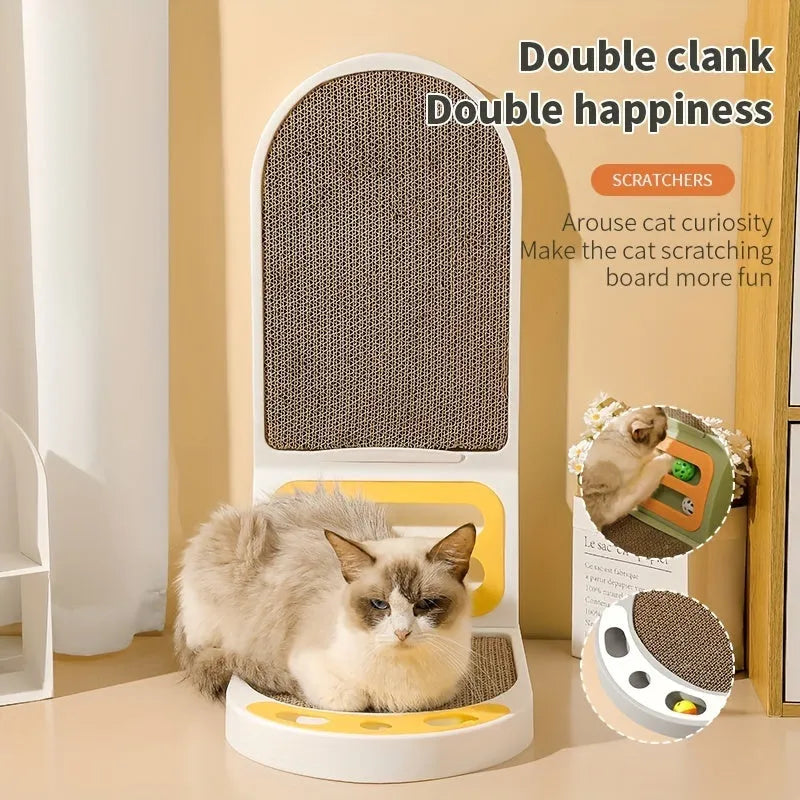 Grey L-shaped vertical cat scratching board with sisal rope, showing tall post and stable base.