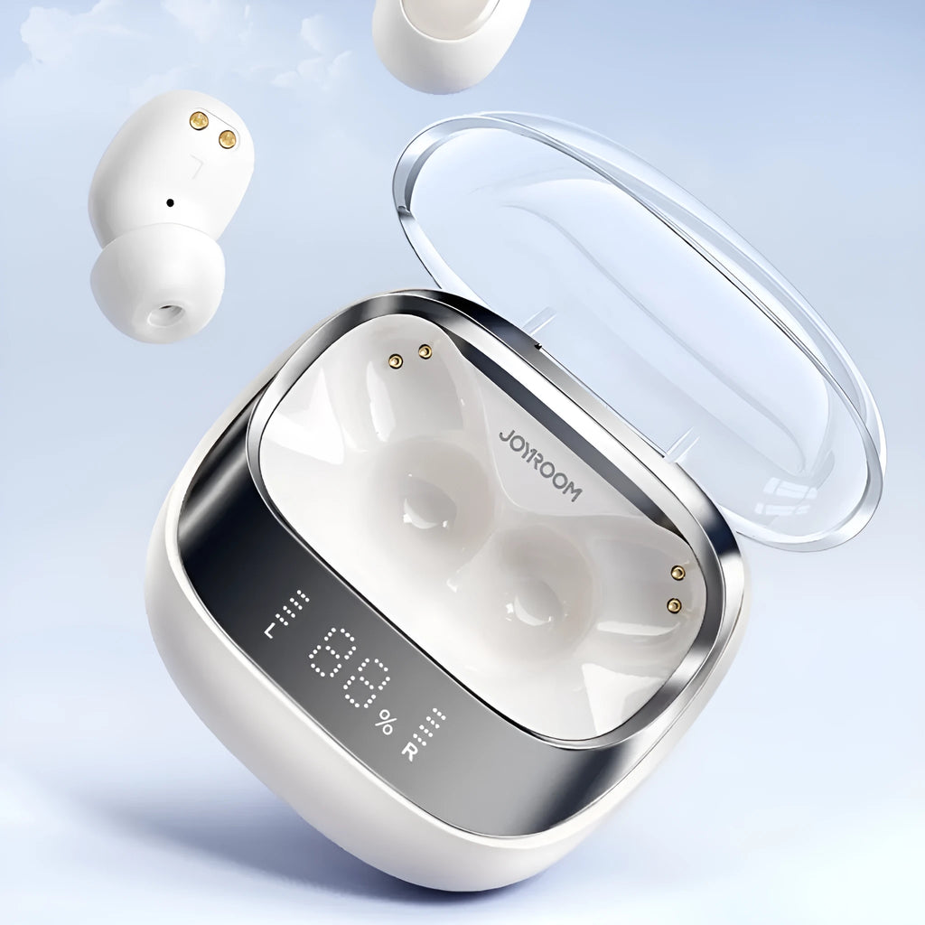 Wireless Bluetooth in-ear earbuds with a compact white charging case on a table.