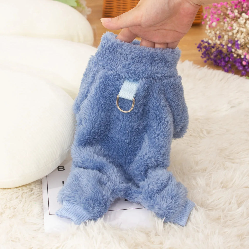 Blue four-legged dog clothes with high collar and towing ring made of double-sided plush cotton velvet