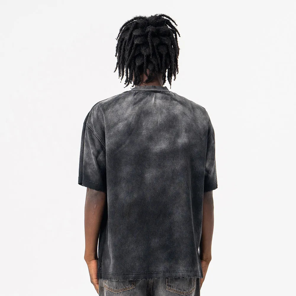 Black men's loose fit cotton t-shirt with printed letter design and drop-shoulder short sleeves