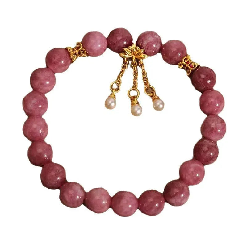 Women's natural stone bracelet with pink lotus tassel and pearl pendant design