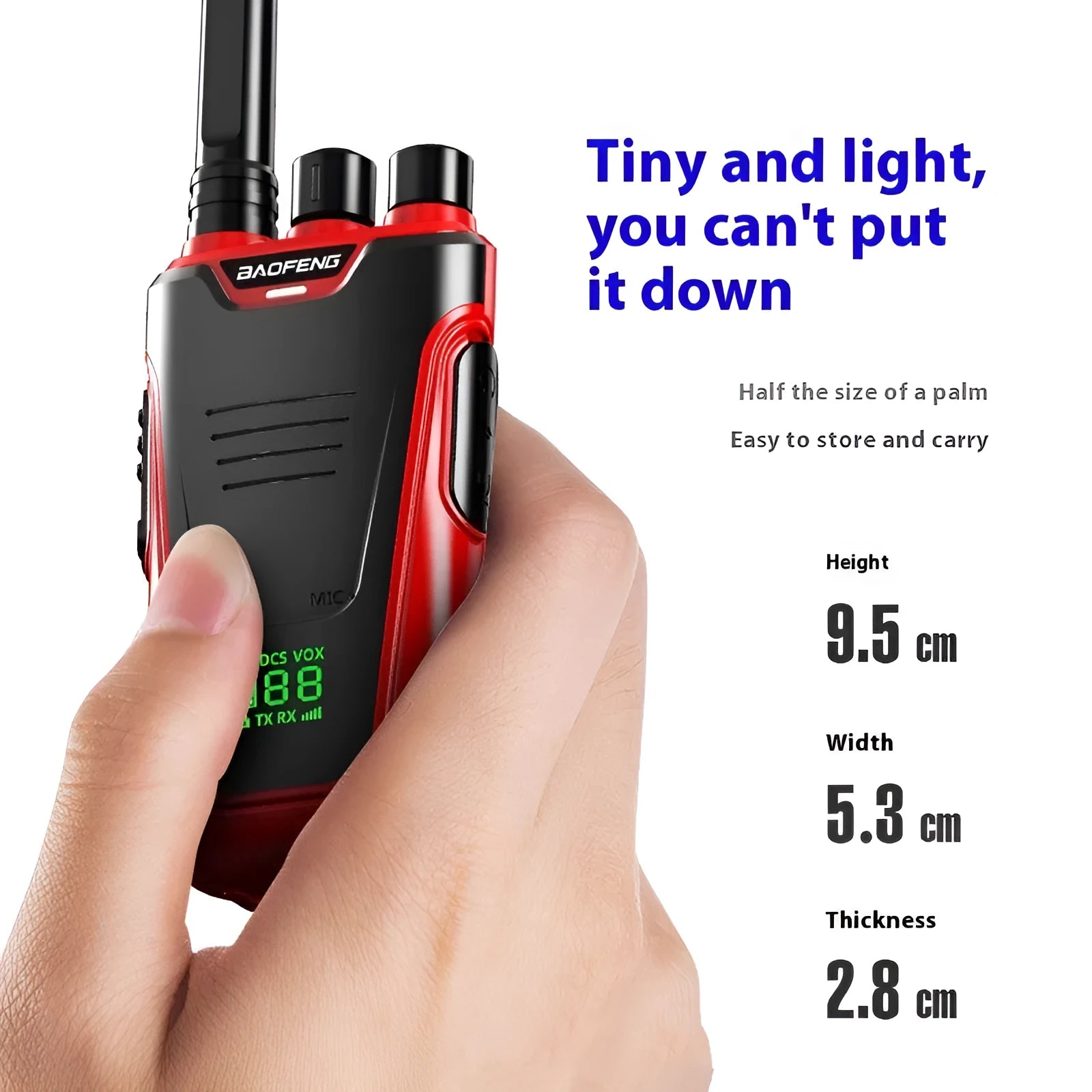 Red or yellow children intercom showing 10W power, 8km range, and 6800mAh battery capacity
