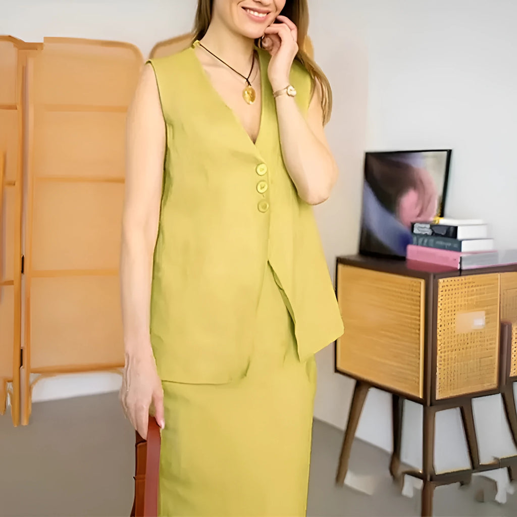 Women's polyester two-piece set with sleeveless vest top and long skirt in blue colour