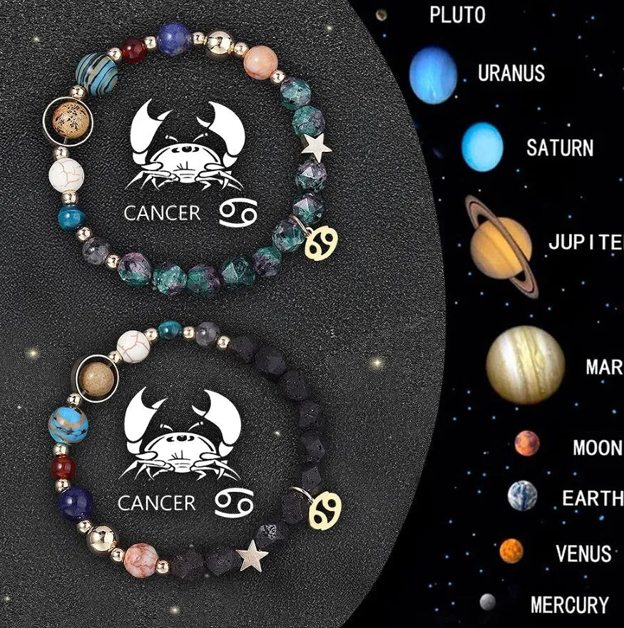 Complete set of twelve zodiac sign bracelets with natural stone beads and adjustable closures