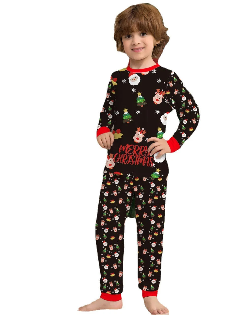 Matching red plaid Christmas pyjamas set for dad, mom, child, baby, and a dog laid out together