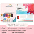 Box of 48 solid watercolour paints in various colours including black, pink, and blue.