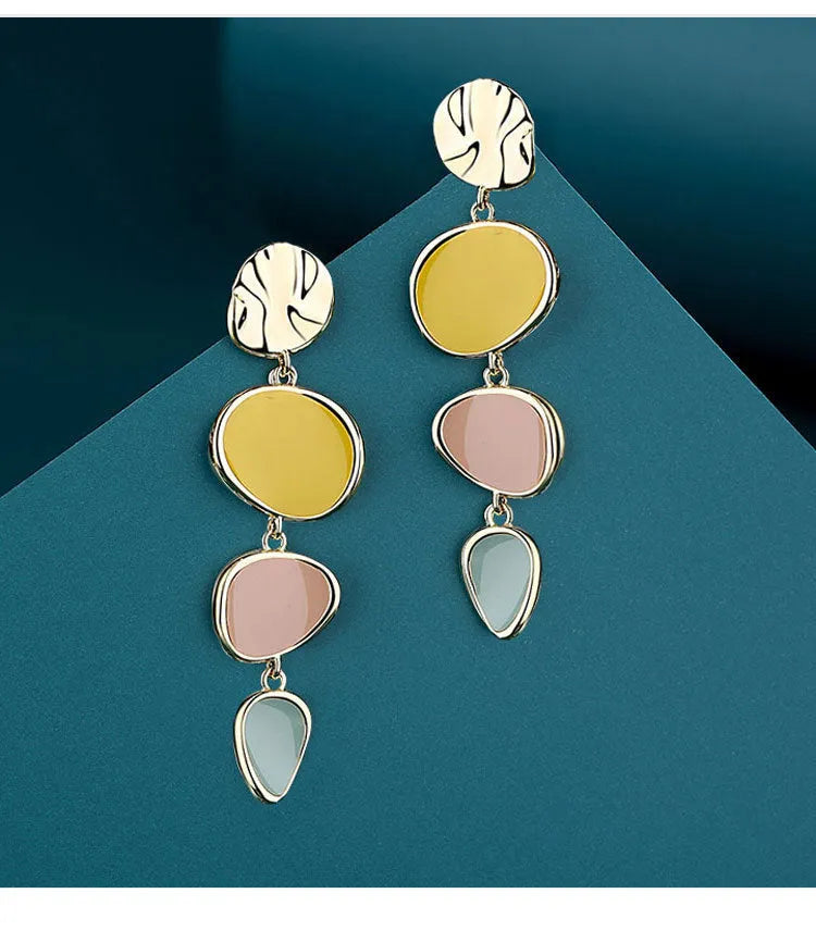 Morandi three-colour drip oil wafer earrings with sterling silver alloy construction and vintage style