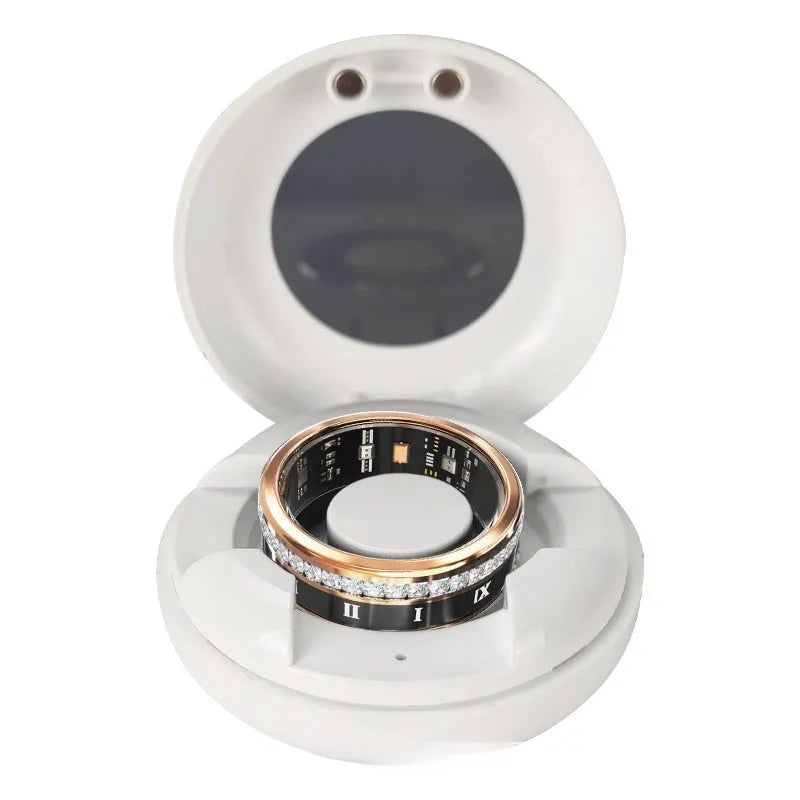 Diamond-inlaid smart ring in silver or gold with blood oxygen monitoring, shown with charging cable