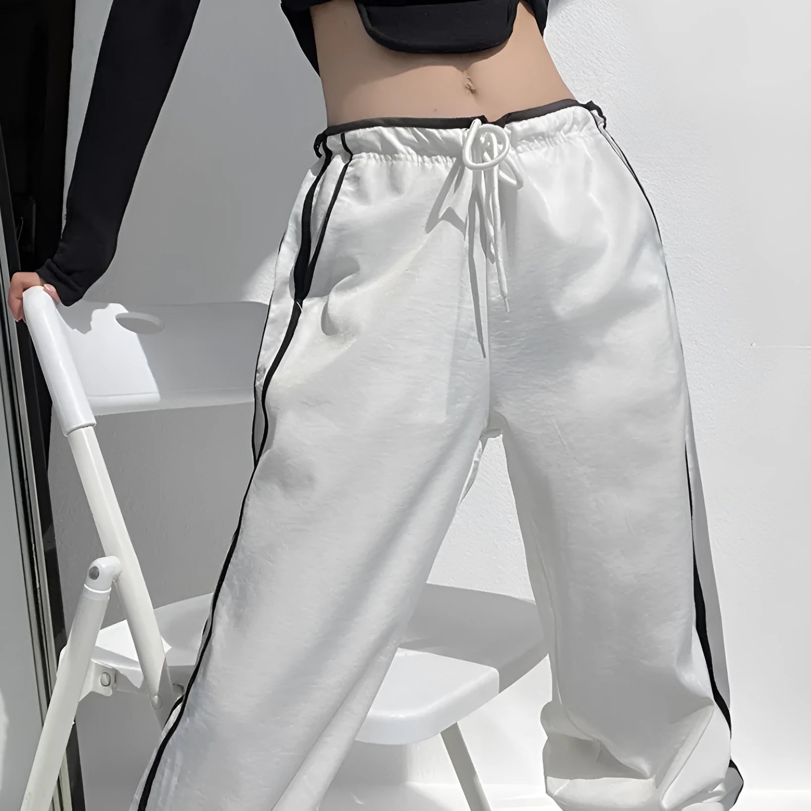Women's ribbon parallel bars contrast colour loose straight slim draping trousers in thin fabric