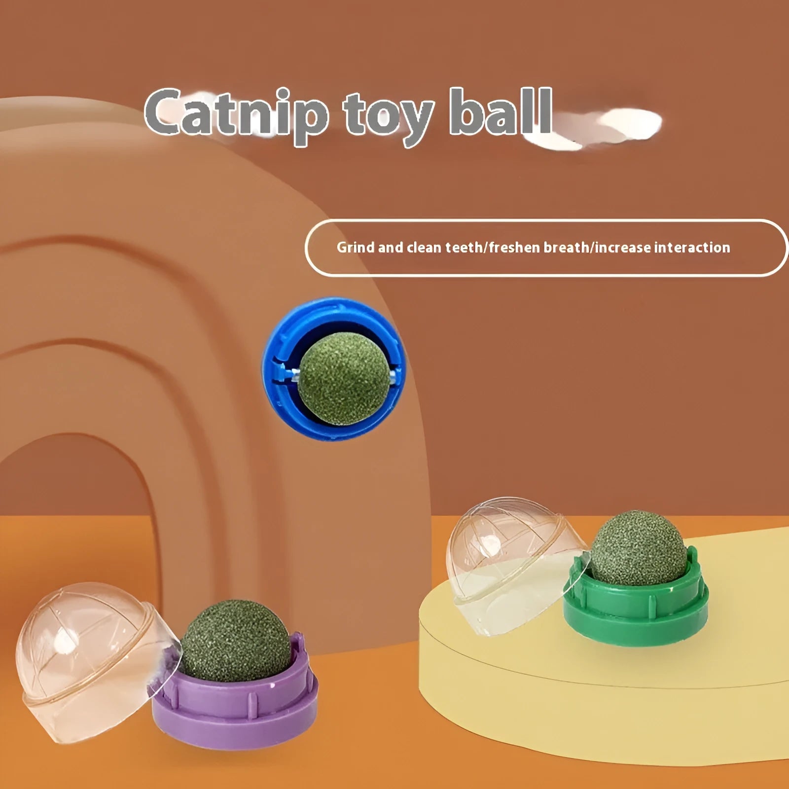 Plastic catnip ball toy with teeth cleaning design in various colours including pink, blue, green, and avocado mint