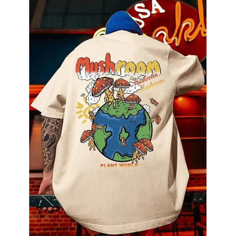 Men's printed short-sleeve street sports t-shirt on a hanger, showing a digital print pattern.