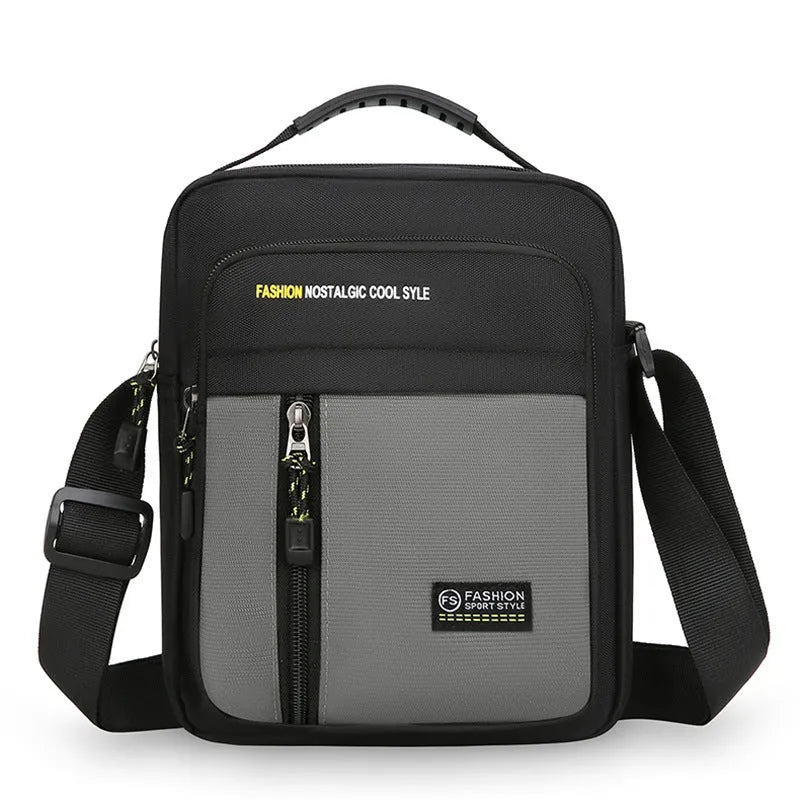 Men's nylon crossbody messenger bag shown in available colours: green, gray, black, and blue.
