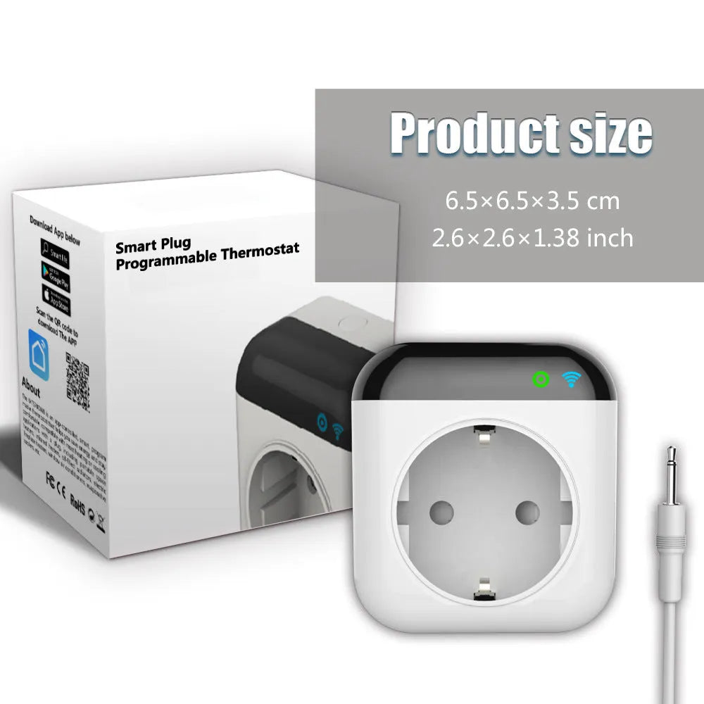 White Tuya wifi smart temperature control switch socket with US plug and detached temperature sensor probe