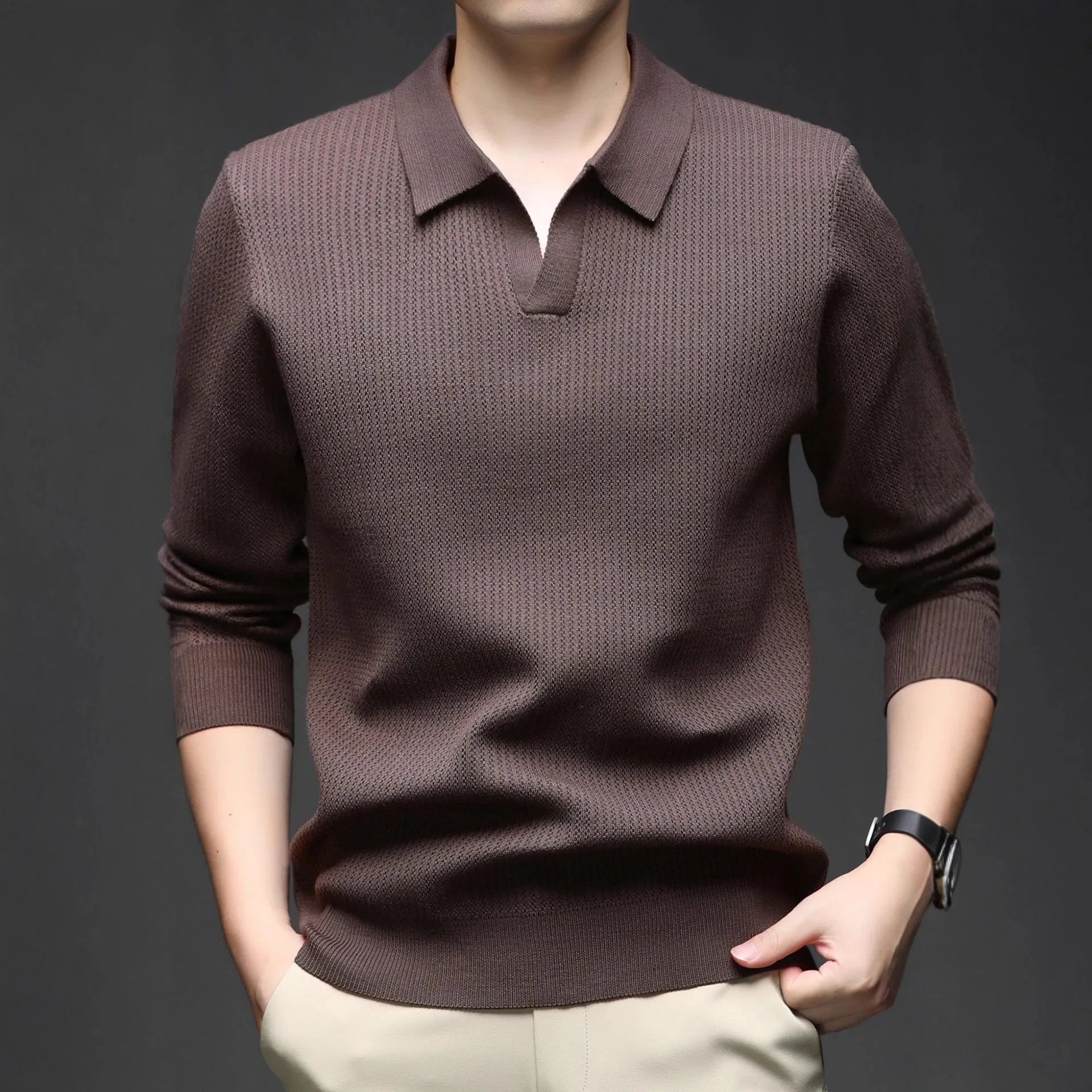 Men's loose fit casual pullover sweater in green, black, camel, or brown colours