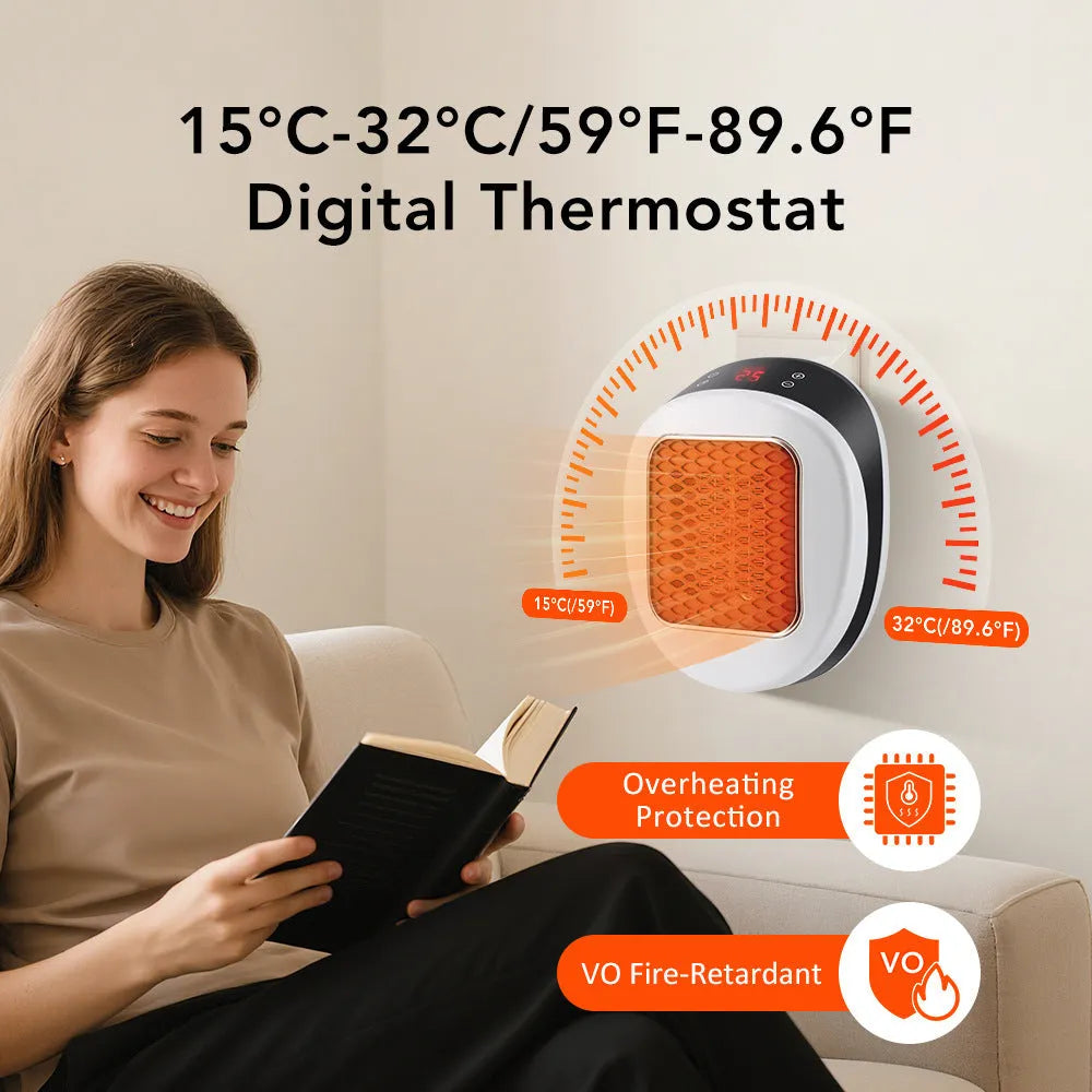 White ceramic heating electric heater with digital display and remote control on a table.