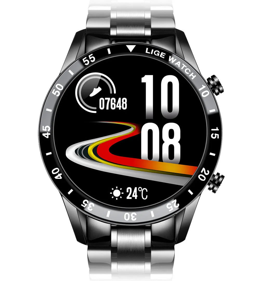 Smart watch with stainless steel wristband and 1.3 inch touchscreen display showing step counter
