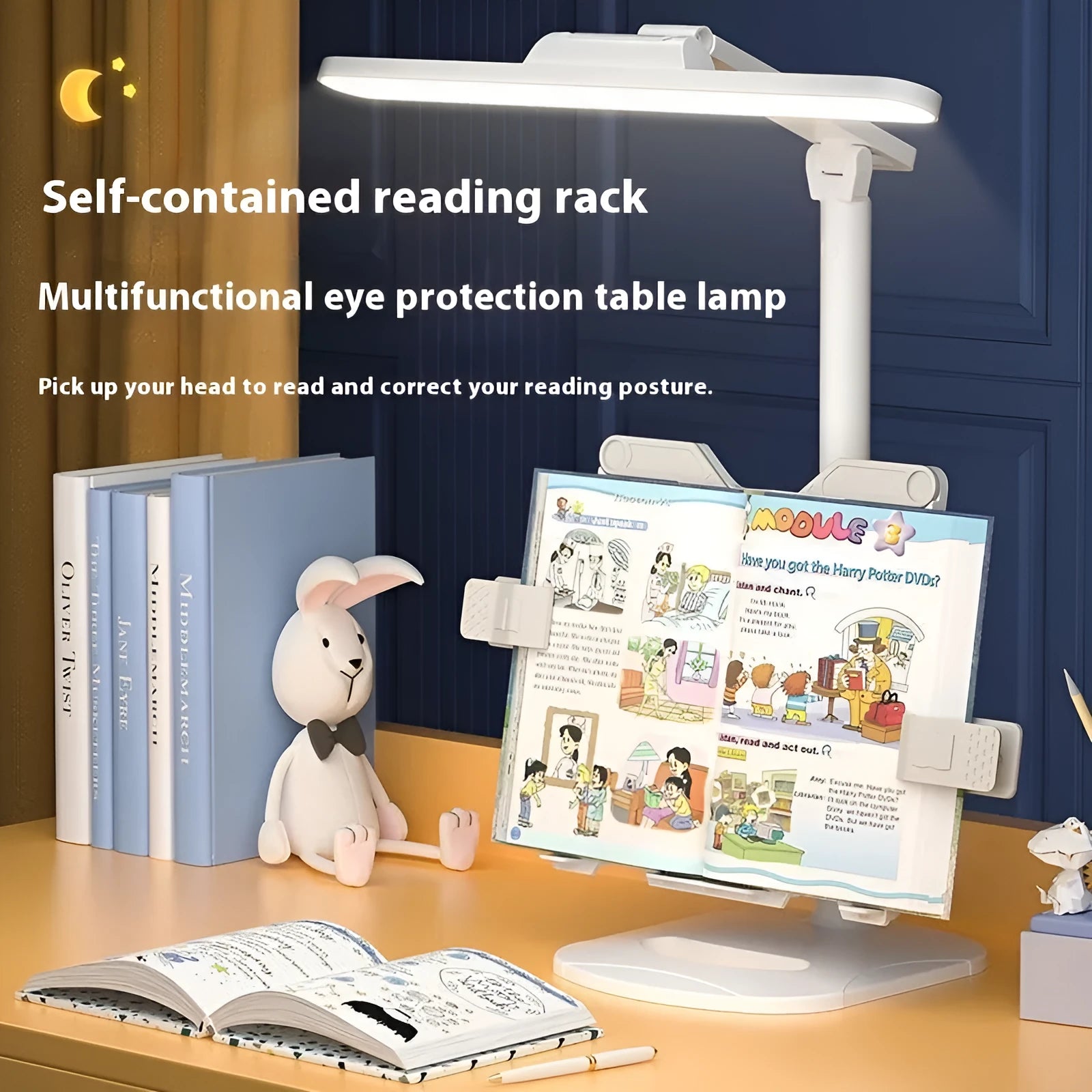 Adjustable reading bookshelf table lamp with dual power supply and three colour temperature settings