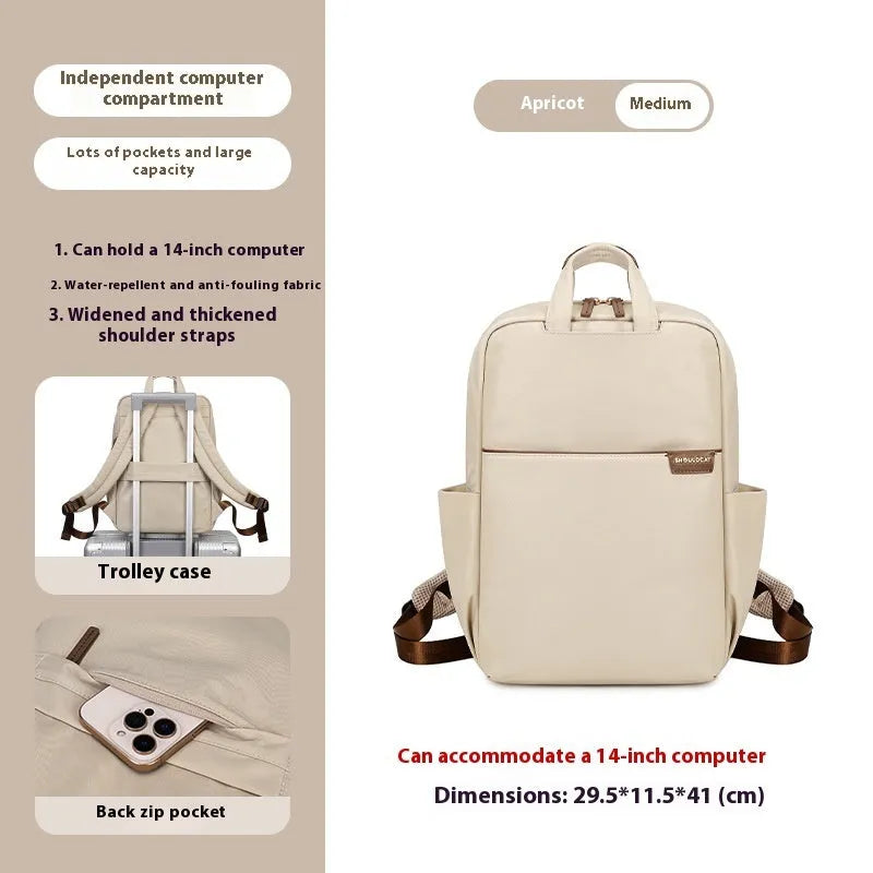 Simple canvas women's travel backpack in apricot colour with multiple compartments and sandwich pocket