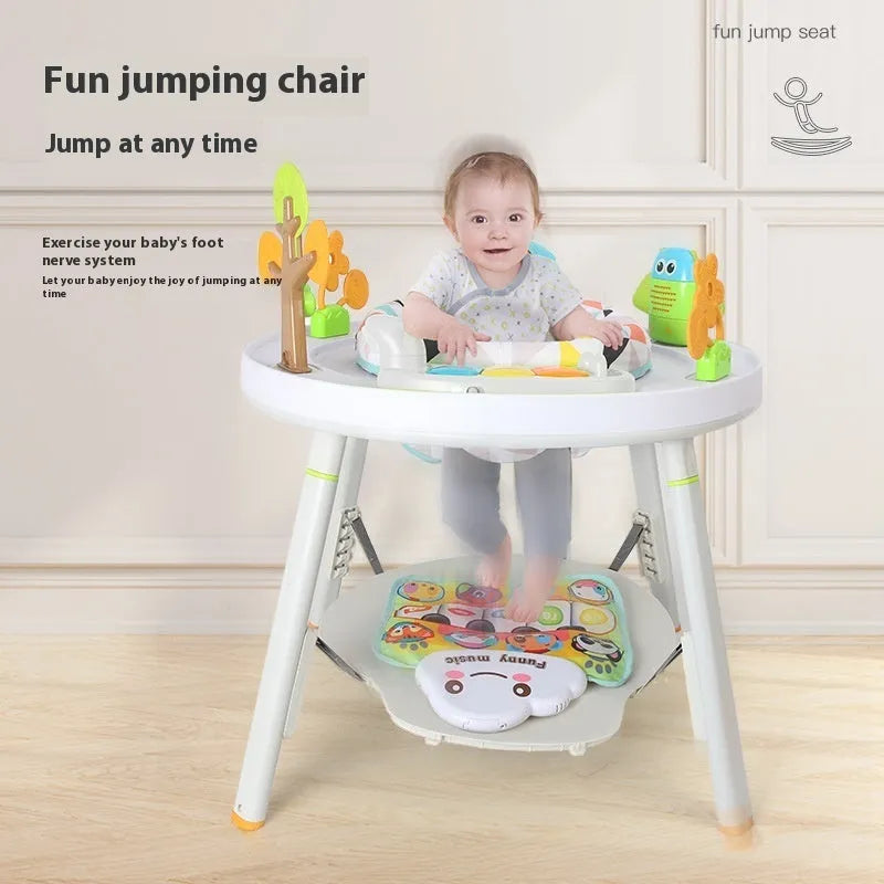 Three-in-one baby jumping chair with bouncing gymnastic rack in plastic construction