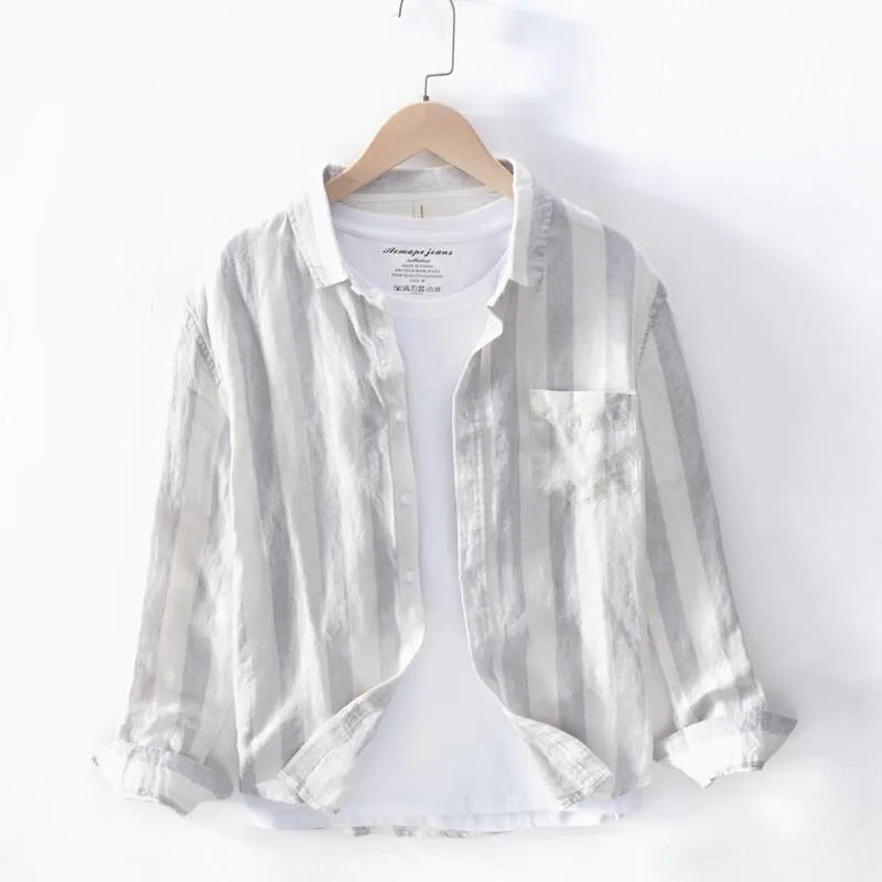 Hong Kong style men's thin long sleeve shirt in loose fit blue and light grey polyester with fleece lining