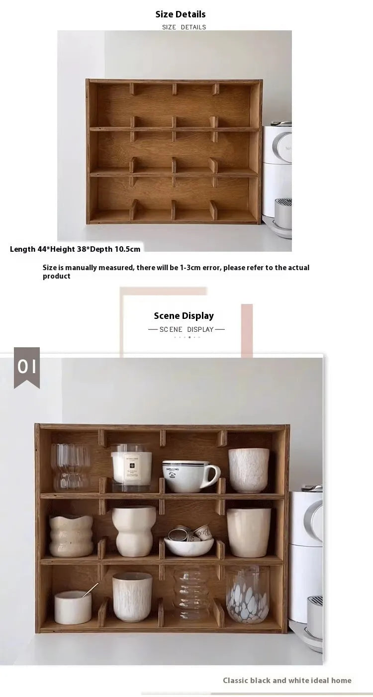 Solid wood square cup storage rack with multiple grid compartments in a birch wood meridian colour.