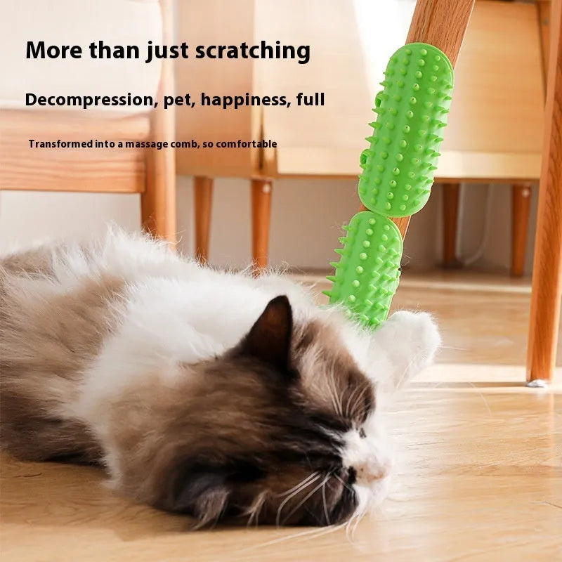 Silicone pet grooming massage comb with rounded teeth and adjustable strap for table leg mounting