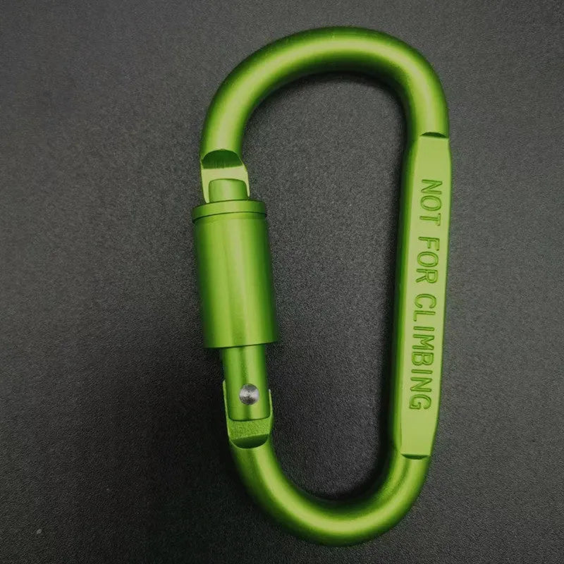 Aluminium D-type locking carabiner showing 8cm flat measurement in various colour options