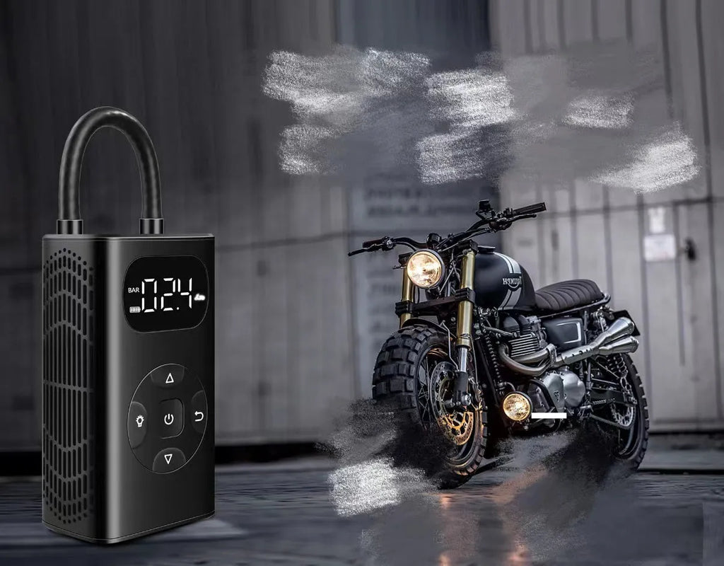 Black aviation aluminium alloy portable power bank tyre inflator with digital display and air hose