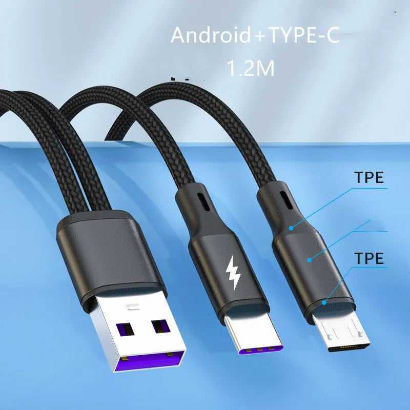 Black braided two-in-one charging cable with two Android connectors for fast 5A charging.