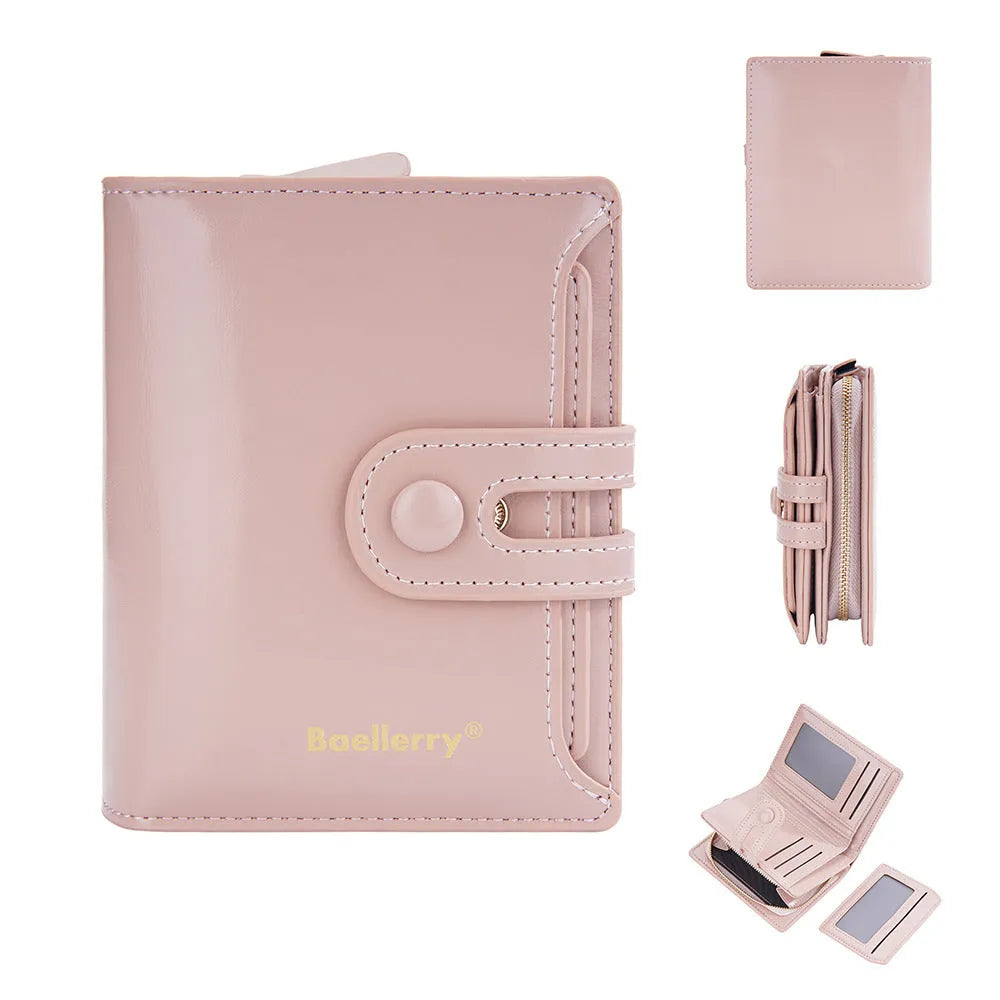 Women's PU leather card holder wallet shown in available colours: black, white, blue, red, green, brown, pink, orange.