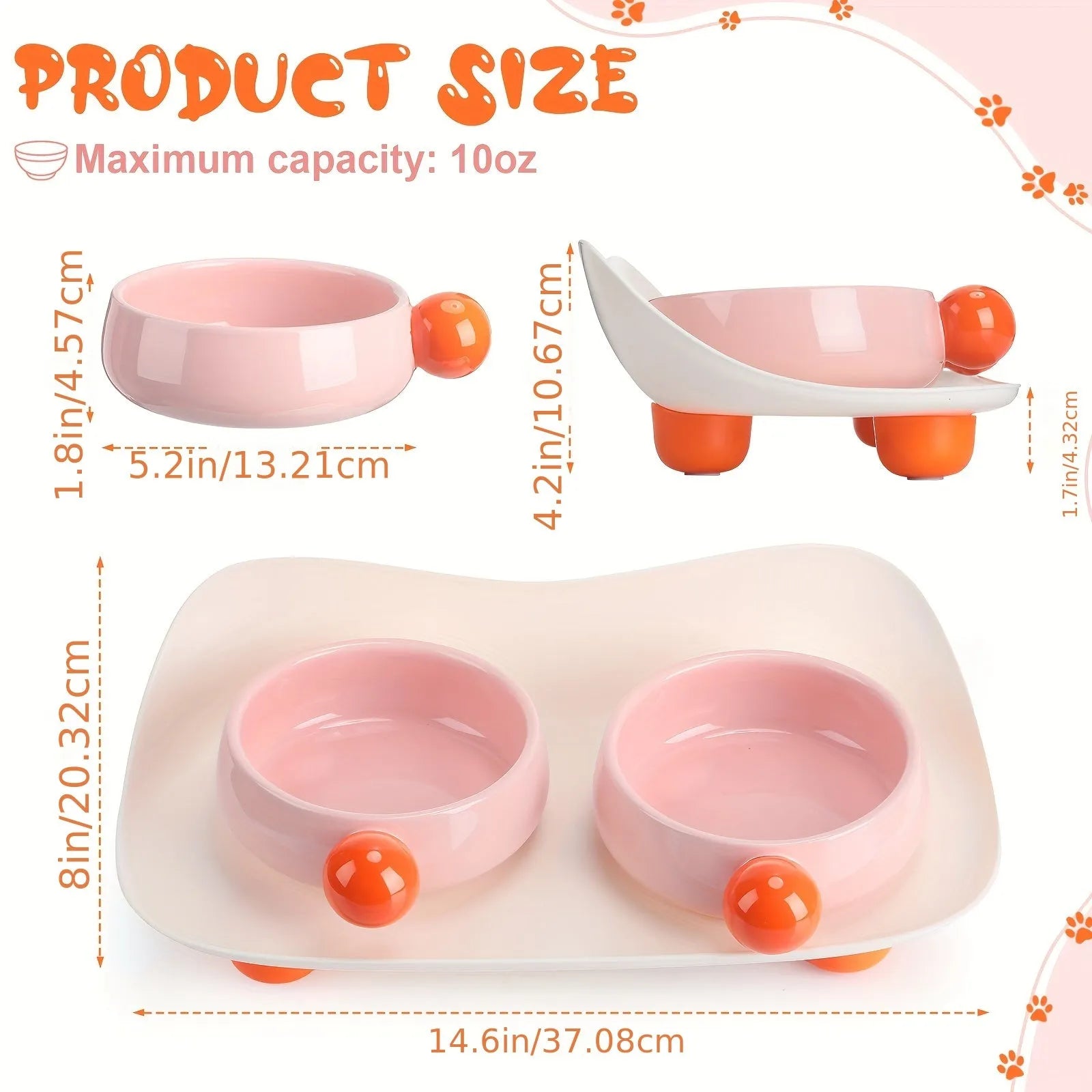 Ceramic double-raised cat bowl set in pink, yellow, or pink yellow with non-slip base