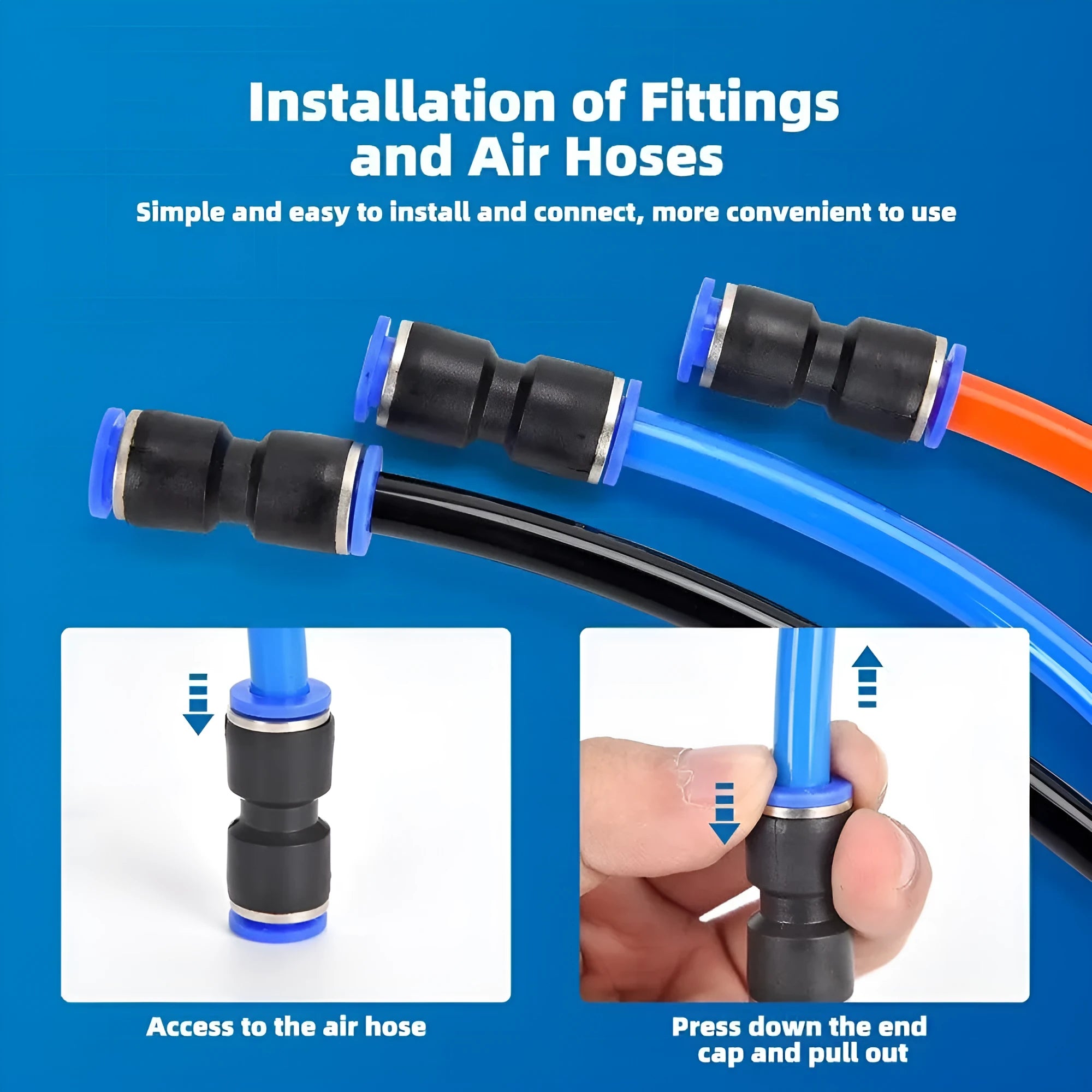 60-piece assortment of grey alloy plastic pneumatic push-in quick connectors with R1/4 and R1/2 inch threads.