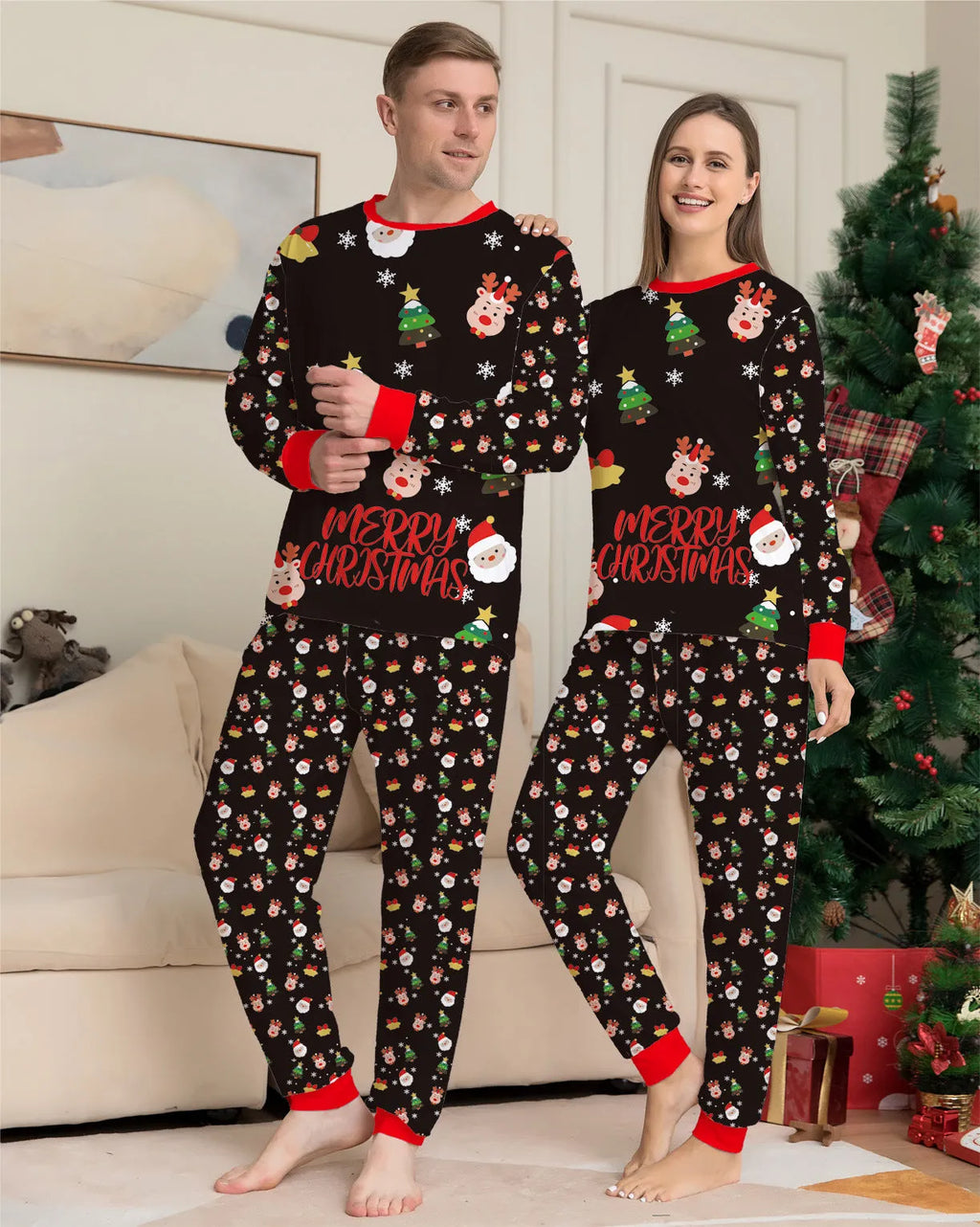 Matching red plaid Christmas pyjamas set for dad, mom, child, baby, and a dog laid out together
