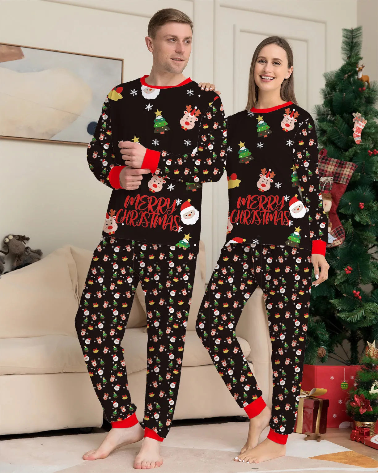 Matching red plaid Christmas pyjamas set for dad, mom, child, baby, and a dog laid out together
