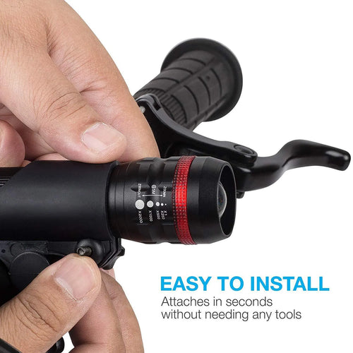 Bicycle headlight and red taillight set with mounting brackets on a bike.