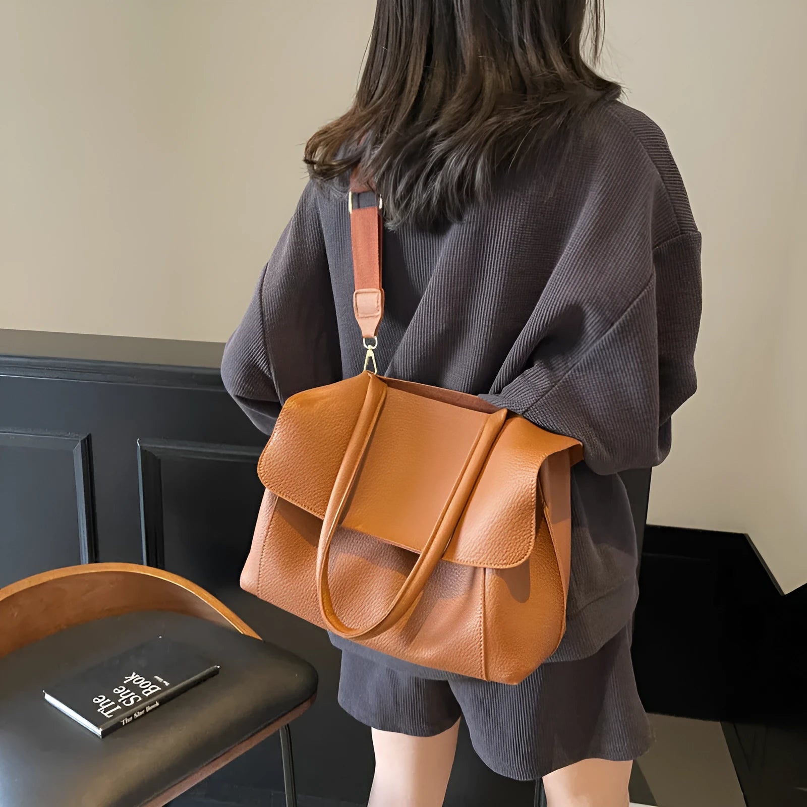 Horizontal square PU leather tote bag in vintage casual style with double shoulder straps.