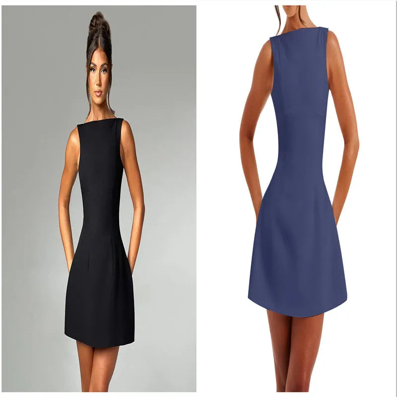 Women's black backless slim-fit summer dress with sleeveless sling straps and high waist.
