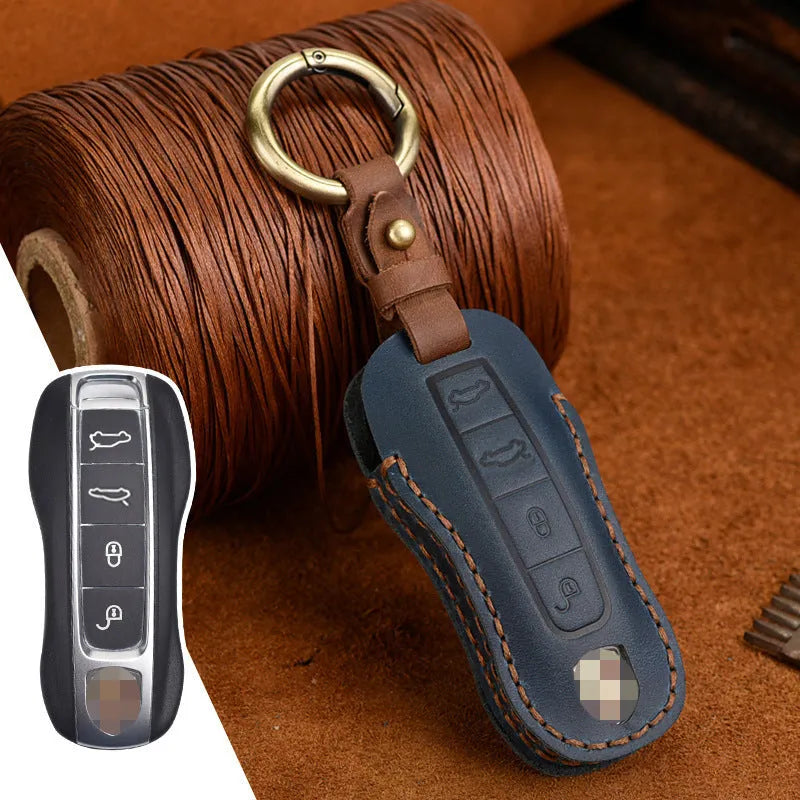 Genuine leather Porsche key cover with retro bag buckle in brown and blue colour options