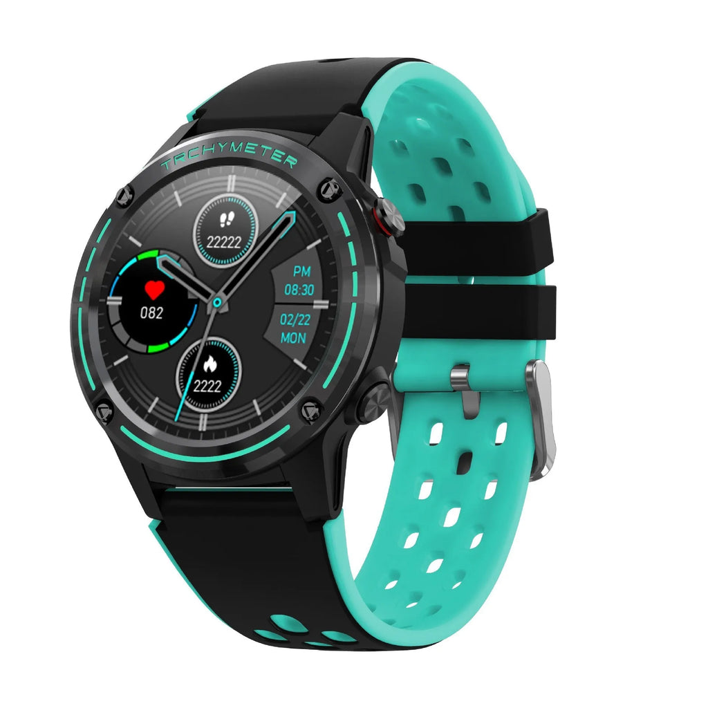 Square GPS smart watch with silicone strap on wrist, showing blue colour option.