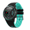 Square GPS smart watch with silicone strap on wrist, showing blue colour option.