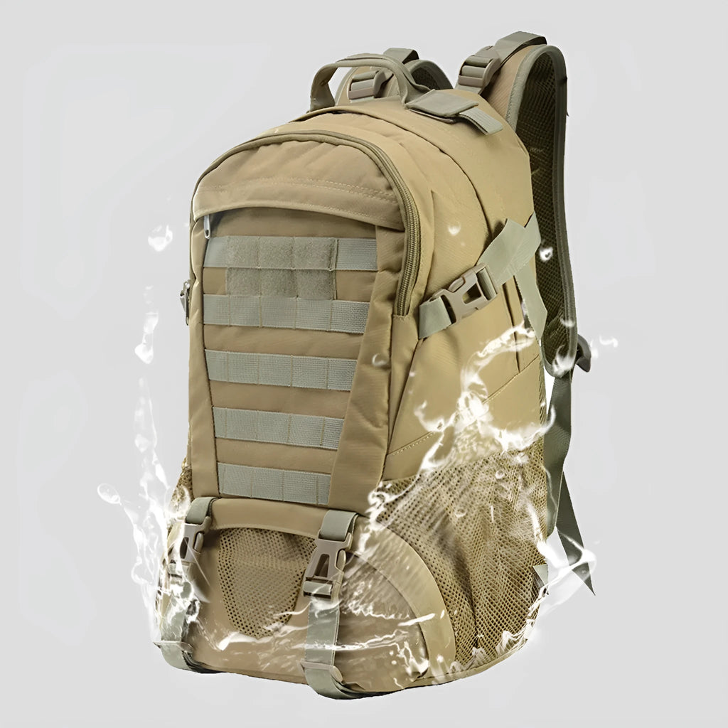 Outdoor mountaineering backpack in Oxford cloth with air pillow belt system shown in camouflage colour