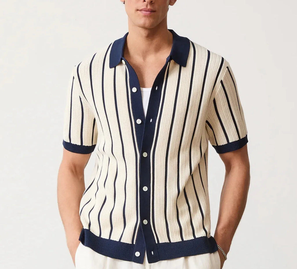 Men's white knitted short sleeve top with asymmetric lapel collar design and striped pattern detail